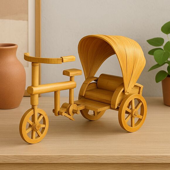 Vintage Bamboo Rickshaw Model | Handcrafted Decorative Tricycle Cart Collectible - Picture 1 of 7